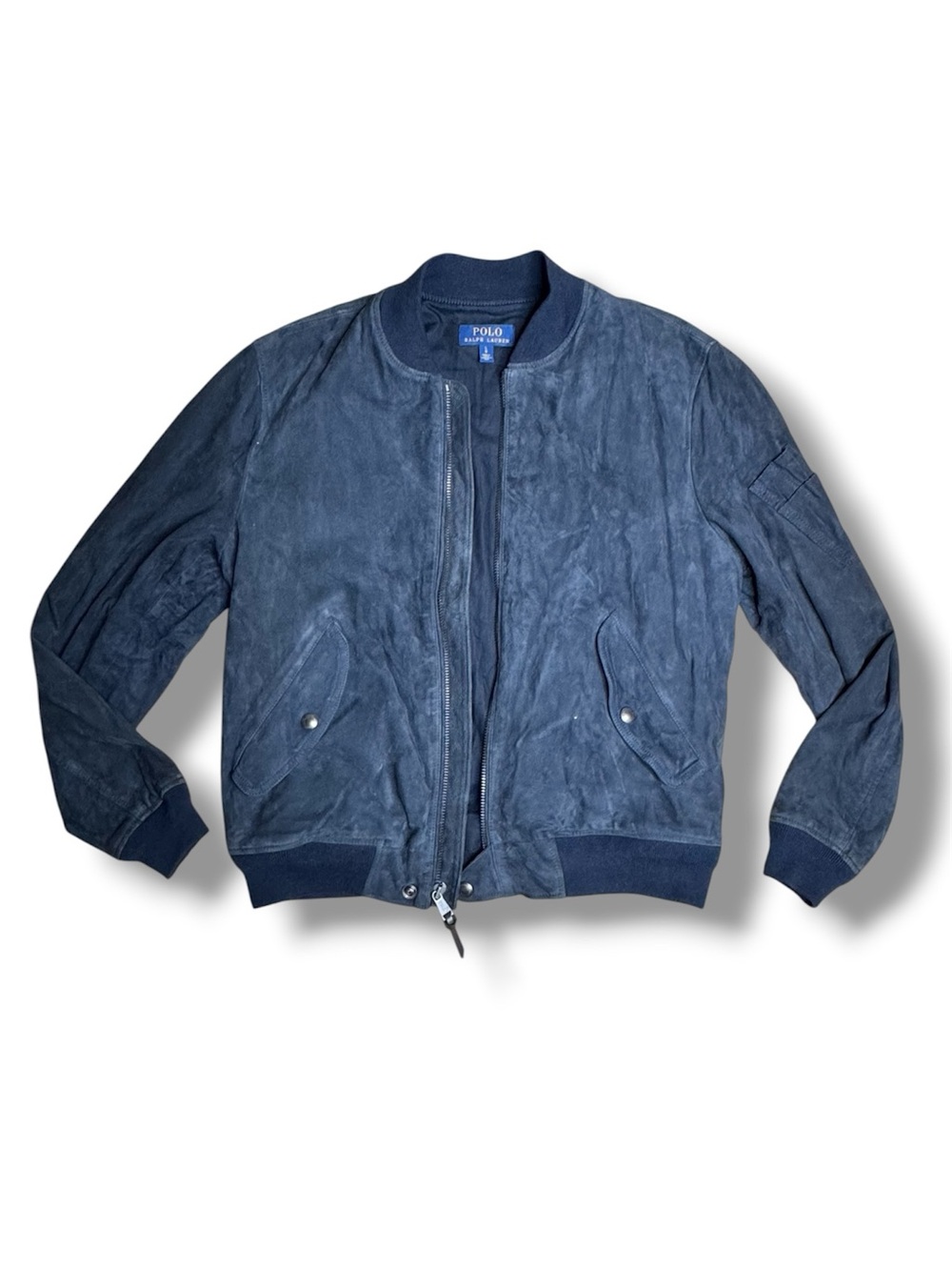 Polo Ralph Lauren Navy Blue Suede Flight Bomber Jacket size Lrg